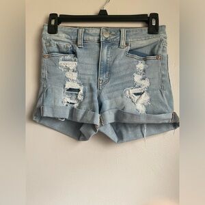 Aeropostale High Waisted MIDI Jean Denim Shorts Light Wash Destressed Size 2